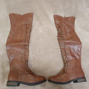 Herstyle Kristrrina Women Military Lace Up Thigh High Combat Boots Brown
